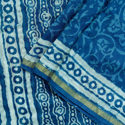 Indian Vintage Dupatta Blue Dupatta Long Stole Block Print Pure Chanderi Silk Scarves Veil Golden Zari