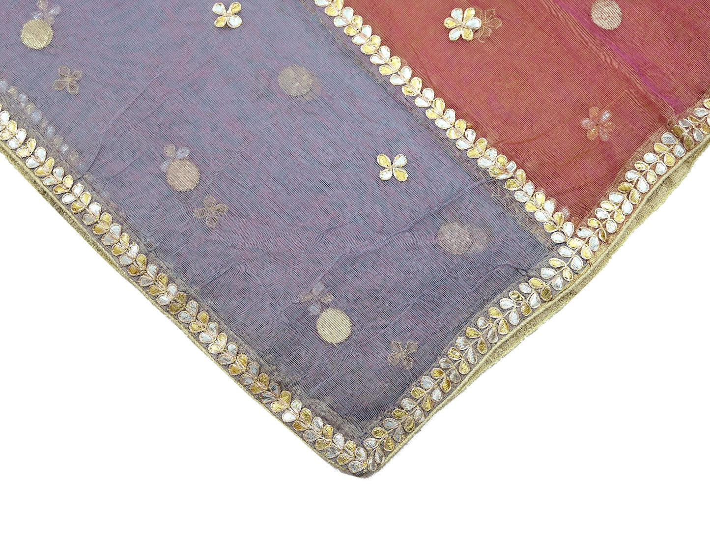 Indian Vintage Blue & Peach Dupatta Net Mesh Long Stole Hand Embroidered Gota Patti Scarves Veil