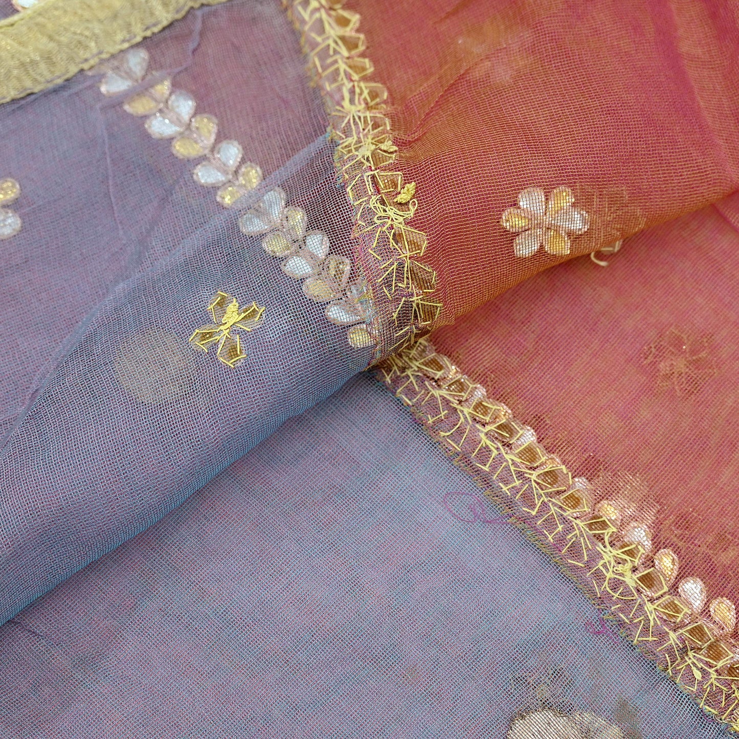 Indian Vintage Blue & Peach Dupatta Net Mesh Long Stole Hand Embroidered Gota Patti Scarves Veil
