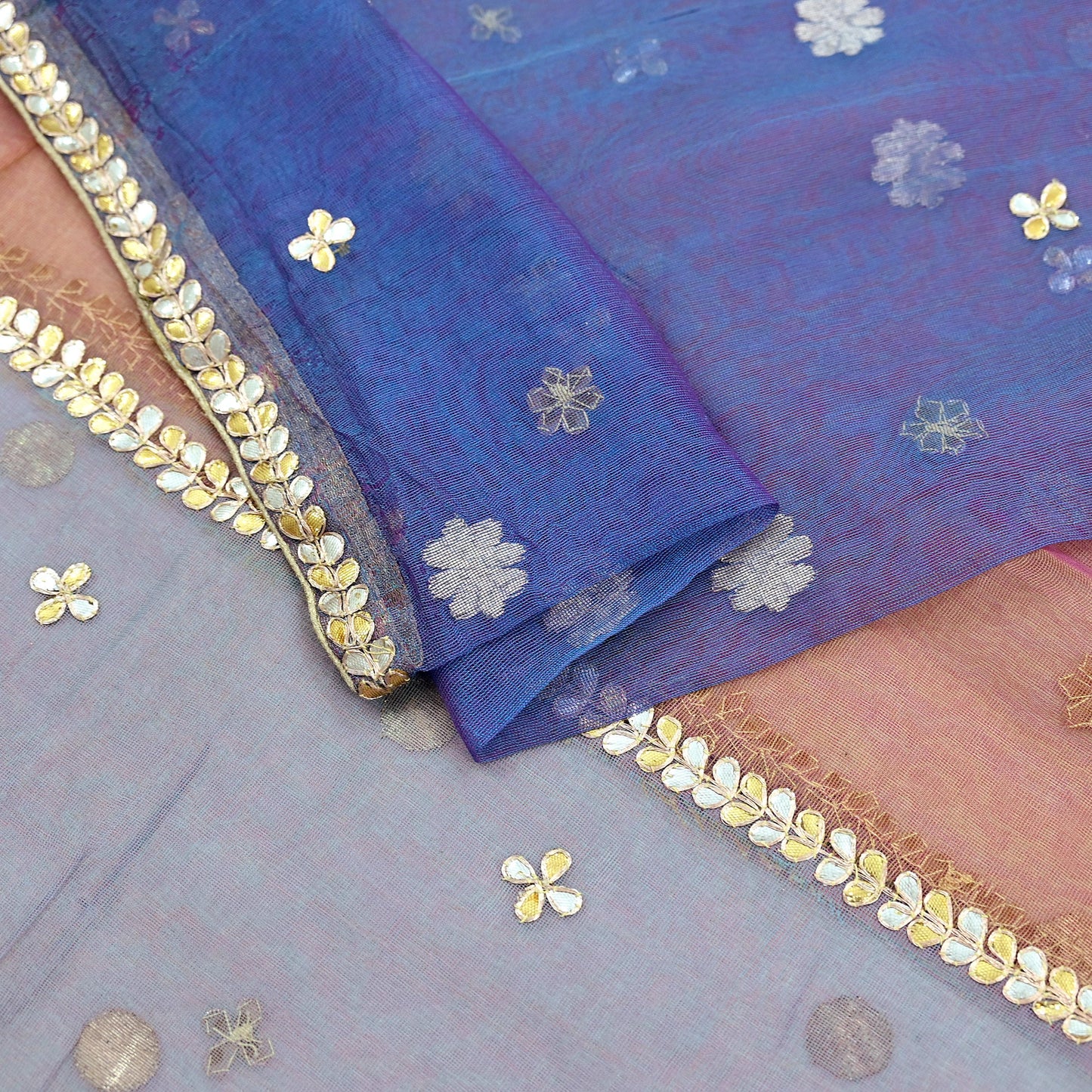 Indian Vintage Blue & Peach Dupatta Net Mesh Long Stole Hand Embroidered Gota Patti Scarves Veil