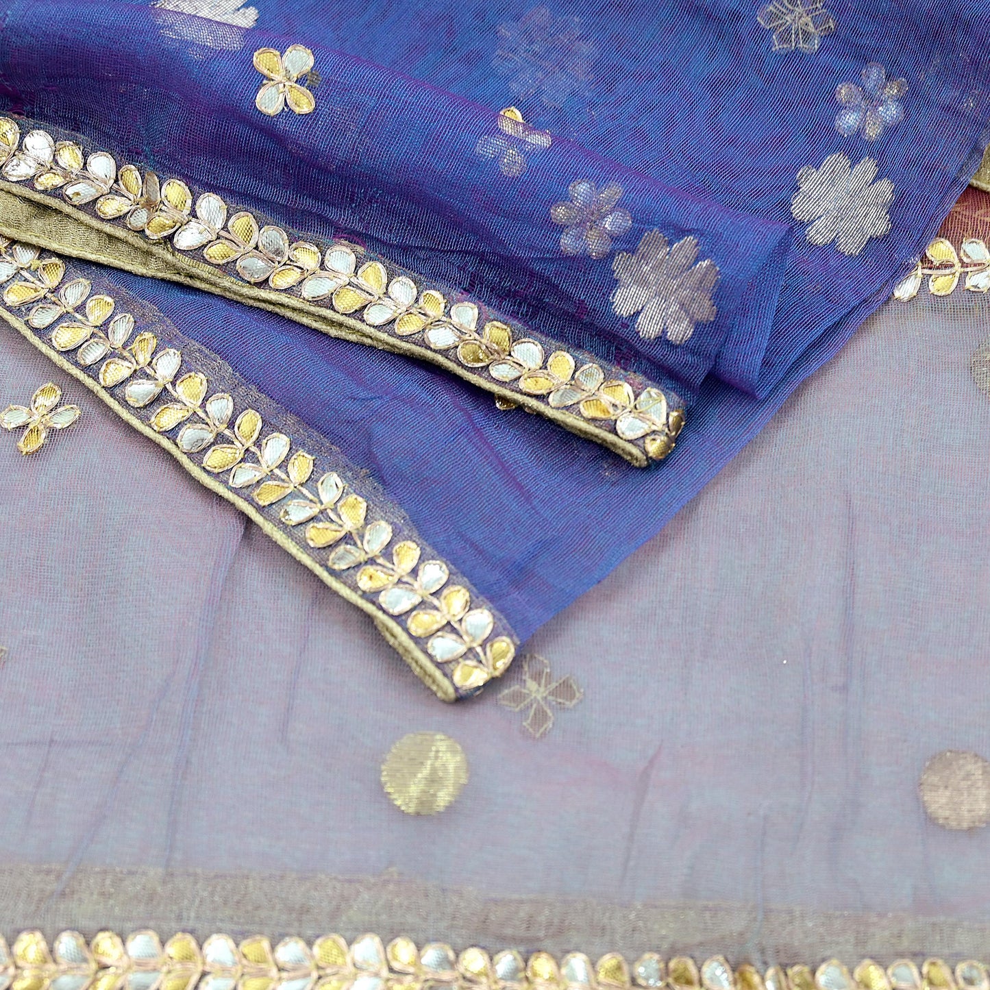 Indian Vintage Blue & Peach Dupatta Net Mesh Long Stole Hand Embroidered Gota Patti Scarves Veil