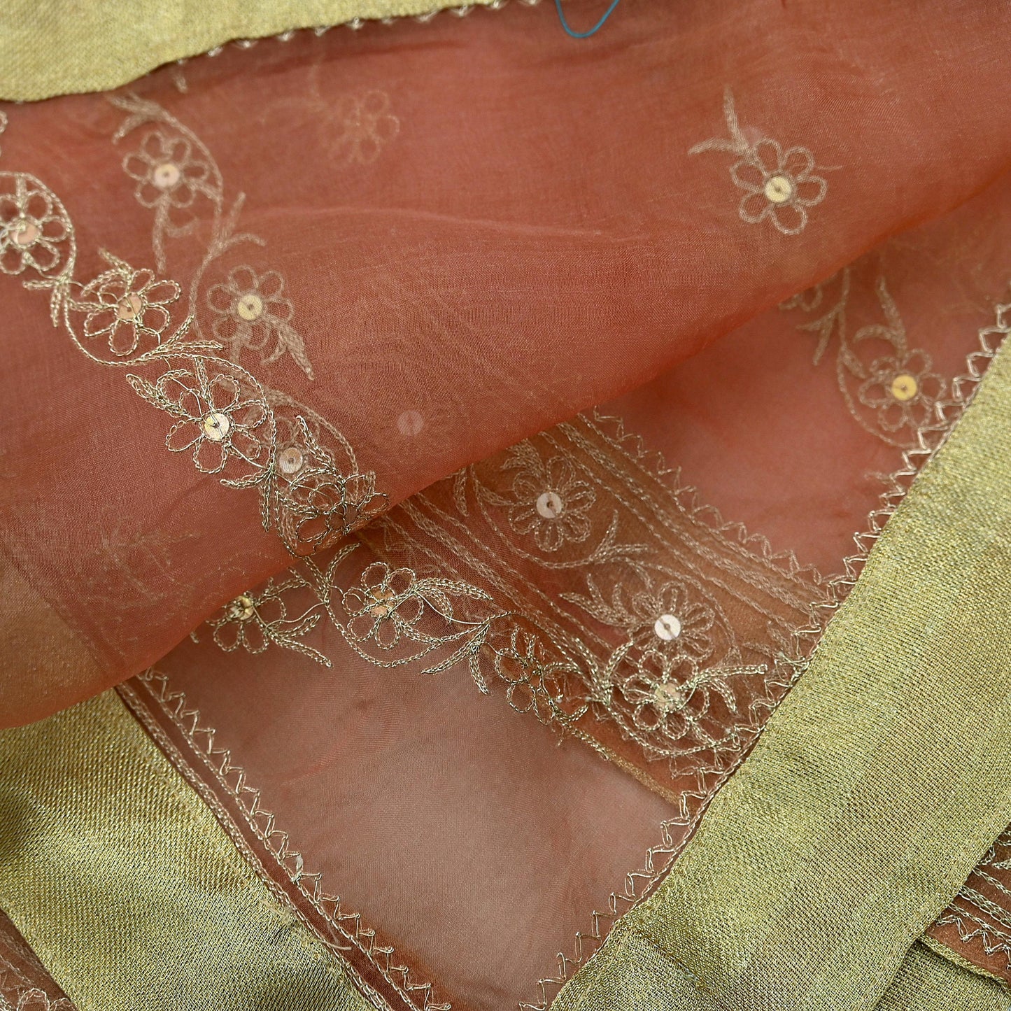 Indian Vintage Dupatta Peach Pure Organza Silk Long Stole Hand Embroidered Scarves Veil Zari Sequins