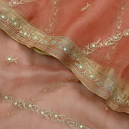Indian Vintage Dupatta Peach Pure Organza Silk Long Stole Hand Embroidered Scarves Veil Zari Sequins