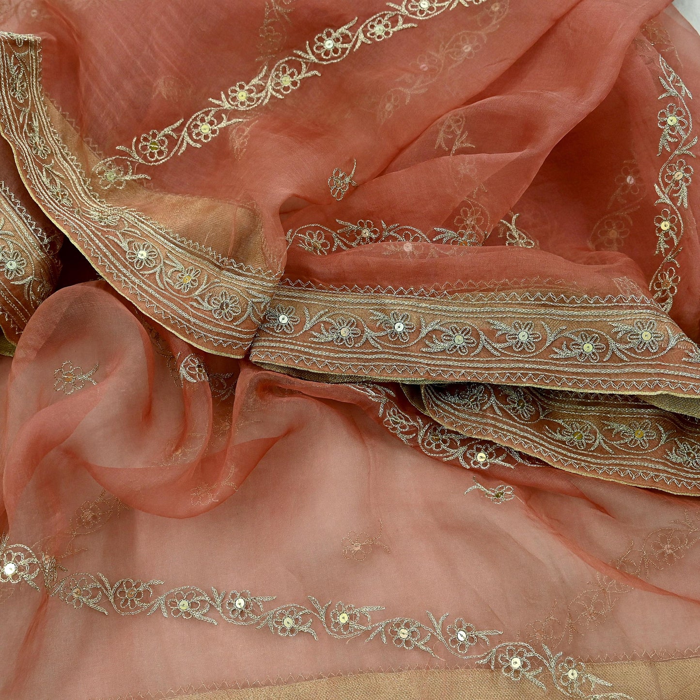 Indian Vintage Dupatta Peach Pure Organza Silk Long Stole Hand Embroidered Scarves Veil Zari Sequins