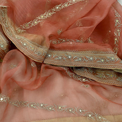 Indian Vintage Dupatta Peach Pure Organza Silk Long Stole Hand Embroidered Scarves Veil Zari Sequins