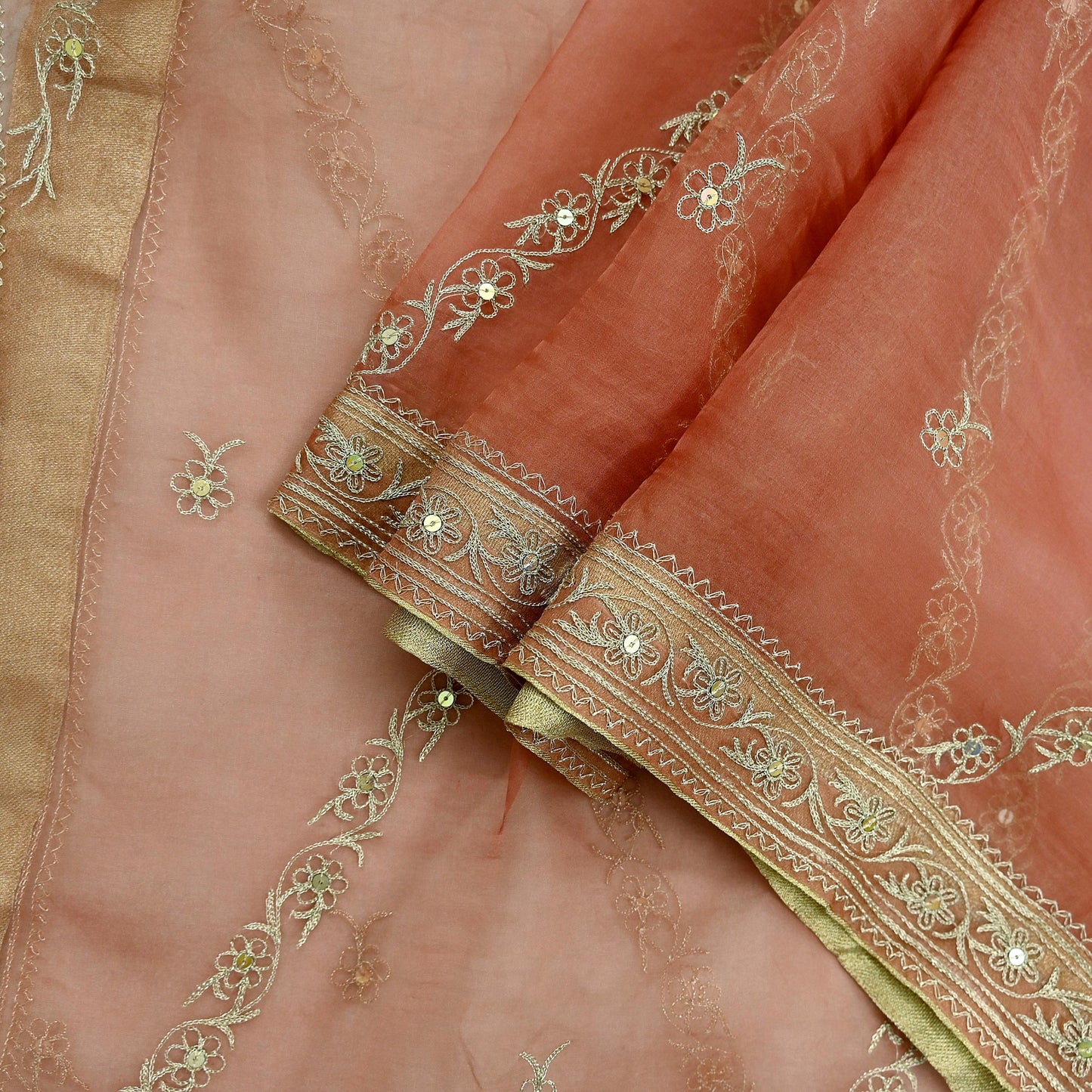 Indian Vintage Dupatta Peach Pure Organza Silk Long Stole Hand Embroidered Scarves Veil Zari Sequins