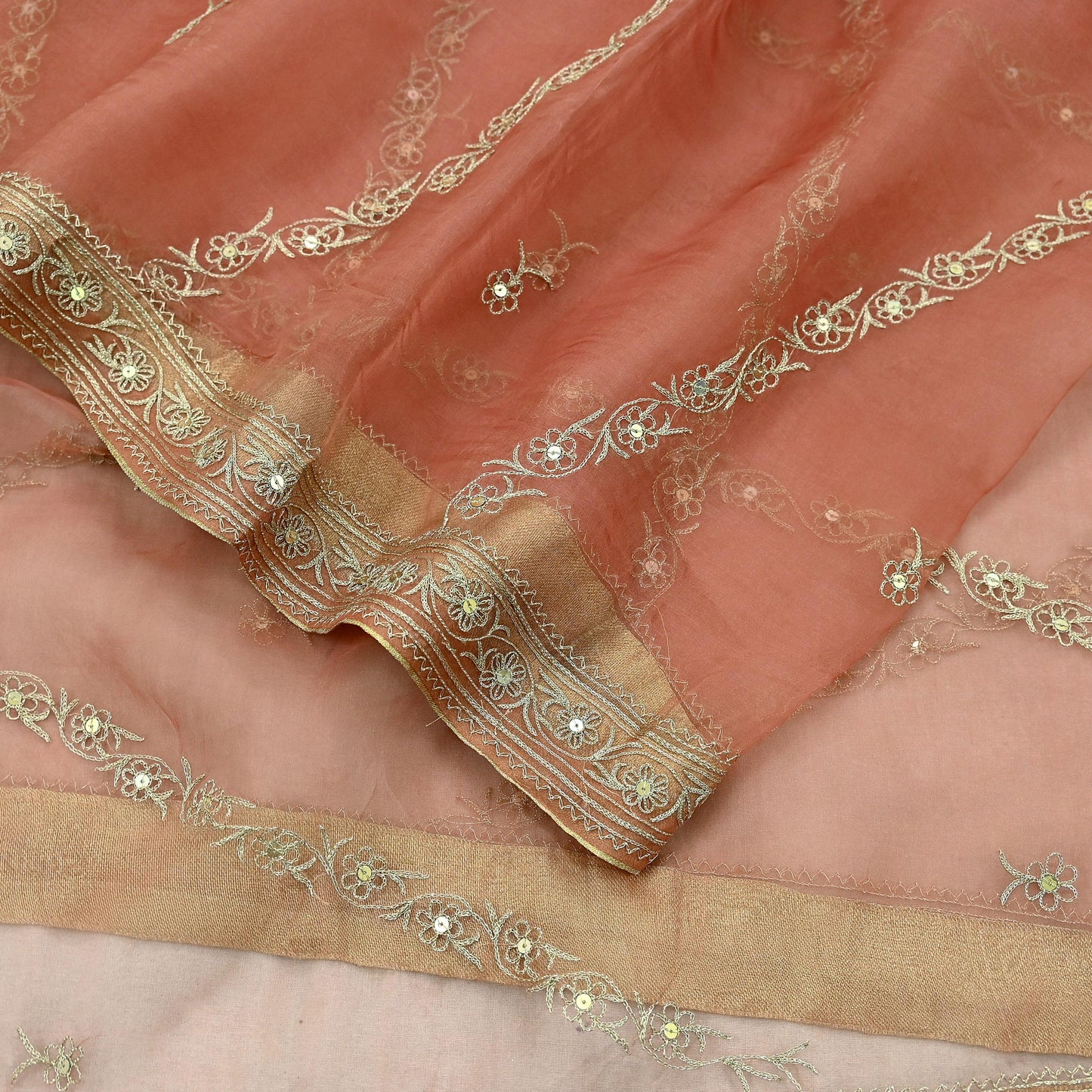 Indian Vintage Dupatta Peach Pure Organza Silk Long Stole Hand Embroidered Scarves Veil Zari Sequins