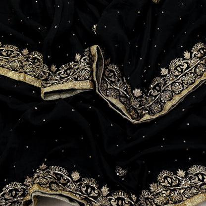 Indian Vintage Black Dupatta Pure silk Long Stole Hand Embroidered Scarves Floral Design Stole Veil Wrap Zari Zardozi
