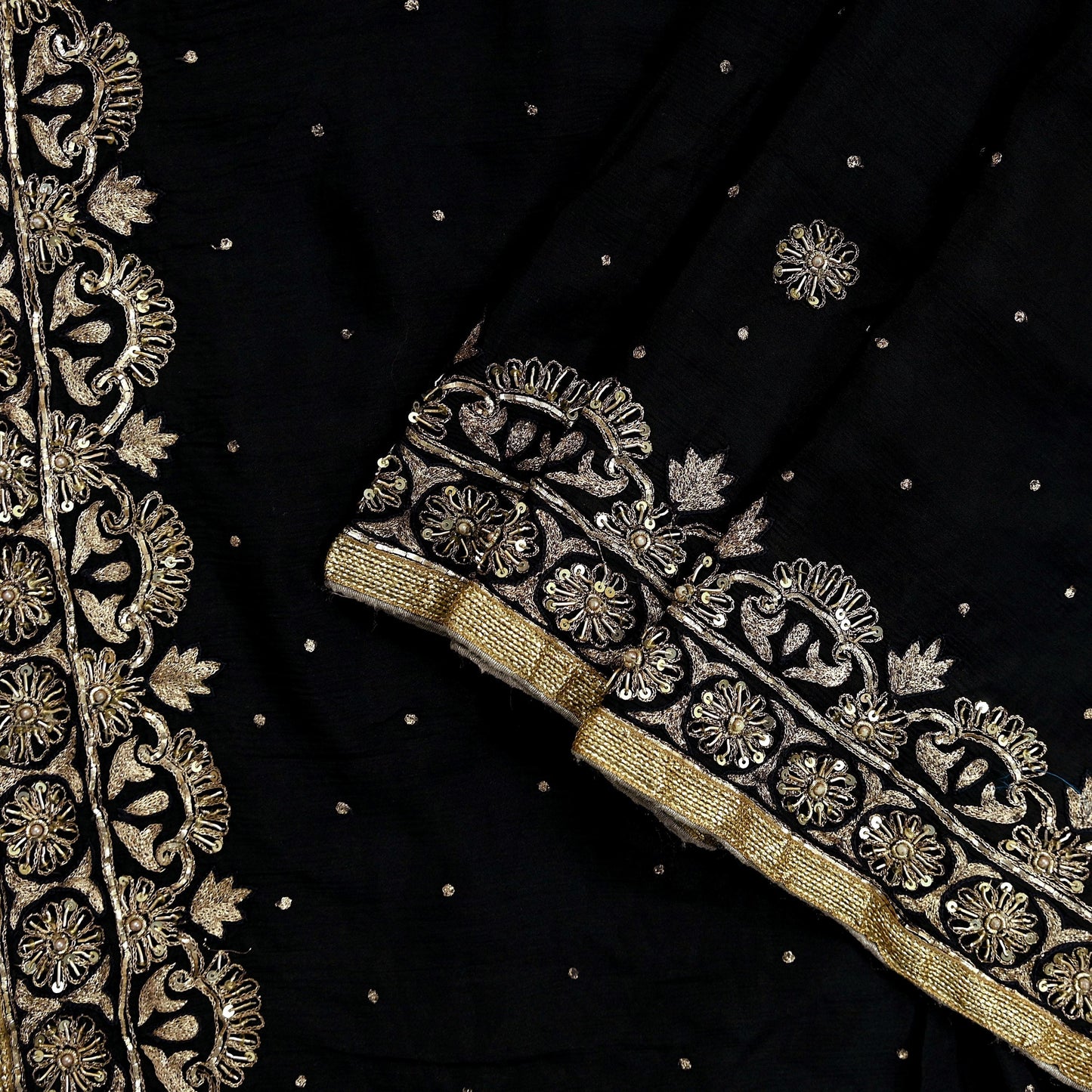 Indian Vintage Black Dupatta Pure silk Long Stole Hand Embroidered Scarves Floral Design Stole Veil Wrap Zari Zardozi