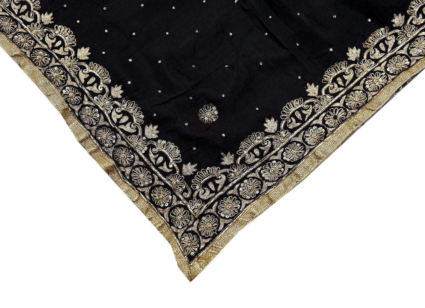 Indian Vintage Black Dupatta Pure silk Long Stole Hand Embroidered Scarves Floral Design Stole Veil Wrap Zari Zardozi