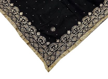 Indian Vintage Black Dupatta Pure silk Long Stole Hand Embroidered Scarves Floral Design Stole Veil Wrap Zari Zardozi