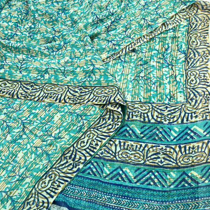 Women Vintage Sari Ivory & Green 100% Pure Georgette Silk Block Printed Saree Craft Fabric Sewing 5Yd Soft Sari Dress Making Quilting