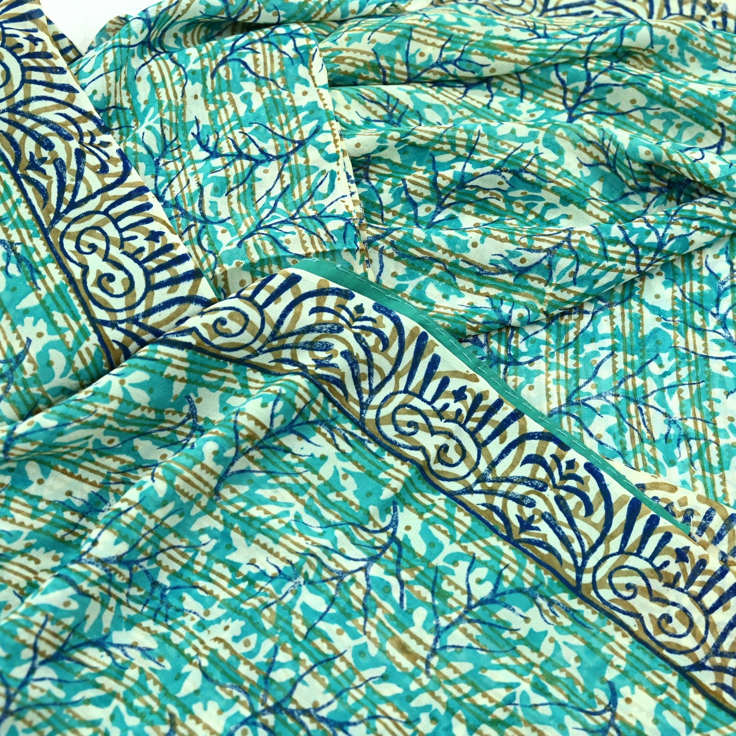 Women Vintage Sari Ivory & Green 100% Pure Georgette Silk Block Printed Saree Craft Fabric Sewing 5Yd Soft Sari Dress Making Quilting