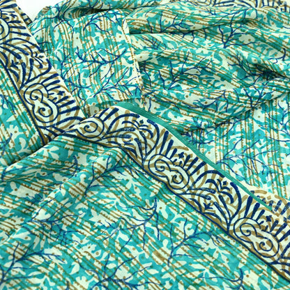 Women Vintage Sari Ivory & Green 100% Pure Georgette Silk Block Printed Saree Craft Fabric Sewing 5Yd Soft Sari Dress Making Quilting