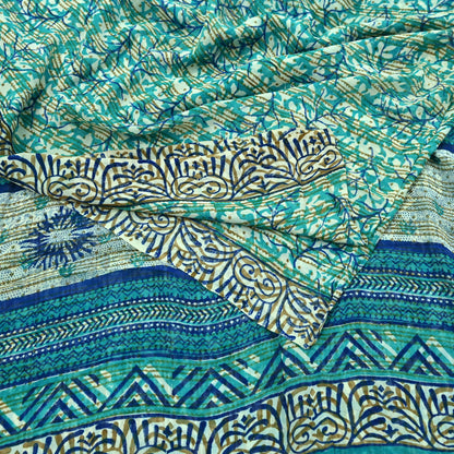 Women Vintage Sari Ivory & Green 100% Pure Georgette Silk Block Printed Saree Craft Fabric Sewing 5Yd Soft Sari Dress Making Quilting