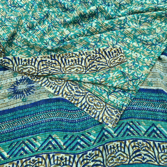 Women Vintage Sari Ivory & Green 100% Pure Georgette Silk Block Printed Saree Craft Fabric Sewing 5Yd Soft Sari Dress Making Quilting