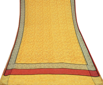 Indian Women Vintage Sari Yellow Blend Chiffon Printed Saree Sewing 5yd Soft Craft Fabric Floral Design Wrap Boho Zari Dress making Crafting