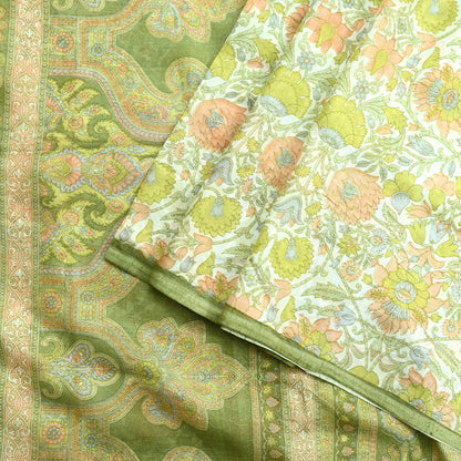 Indian Vintage Ivory & Green Saree Pure Silk Printed Sari 6yd Sewing Craft Fabric Dress Making Soft Crafting Quilting Quilting Upcycle