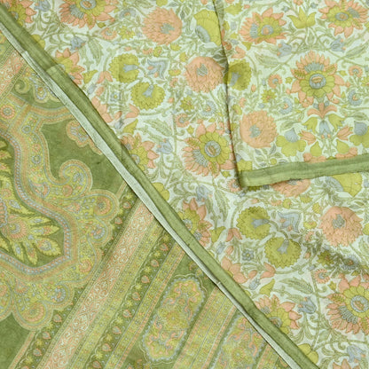 Indian Vintage Ivory & Green Saree Pure Silk Printed Sari 6yd Sewing Craft Fabric Dress Making Soft Crafting Quilting Quilting Upcycle