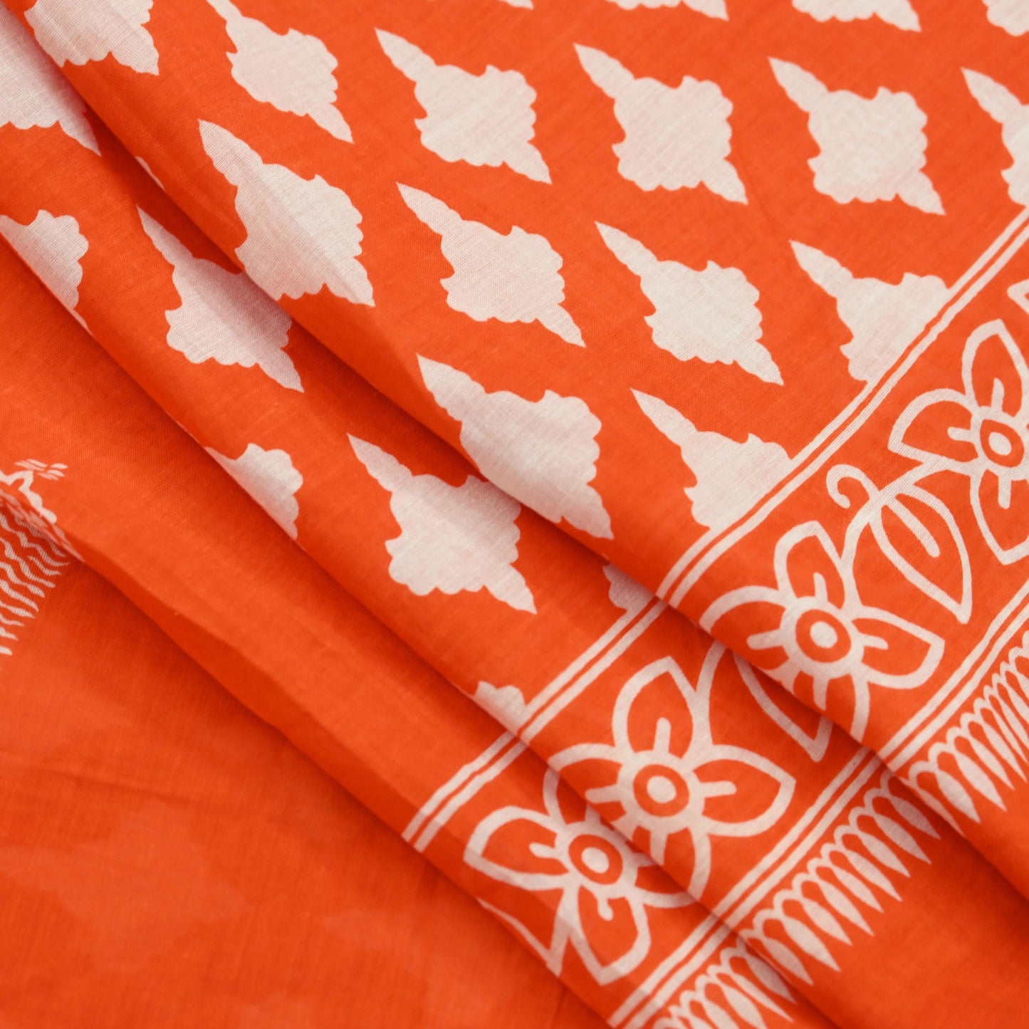 Indian Vintage Sari Orange & White Printed Pure Cotton Saree Craft Fabric 5Yd Soft Sewing Sarong Wrap Boho Dress making Crafting Quilting