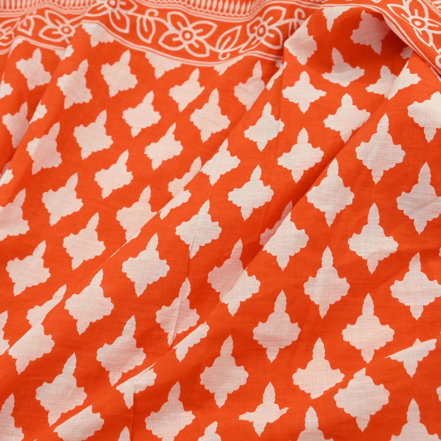 Indian Vintage Sari Orange & White Printed Pure Cotton Saree Craft Fabric 5Yd Soft Sewing Sarong Wrap Boho Dress making Crafting Quilting