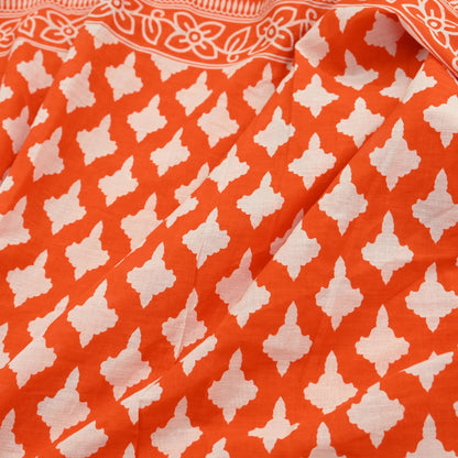 Indian Vintage Sari Orange & White Printed Pure Cotton Saree Craft Fabric 5Yd Soft Sewing Sarong Wrap Boho Dress making Crafting Quilting