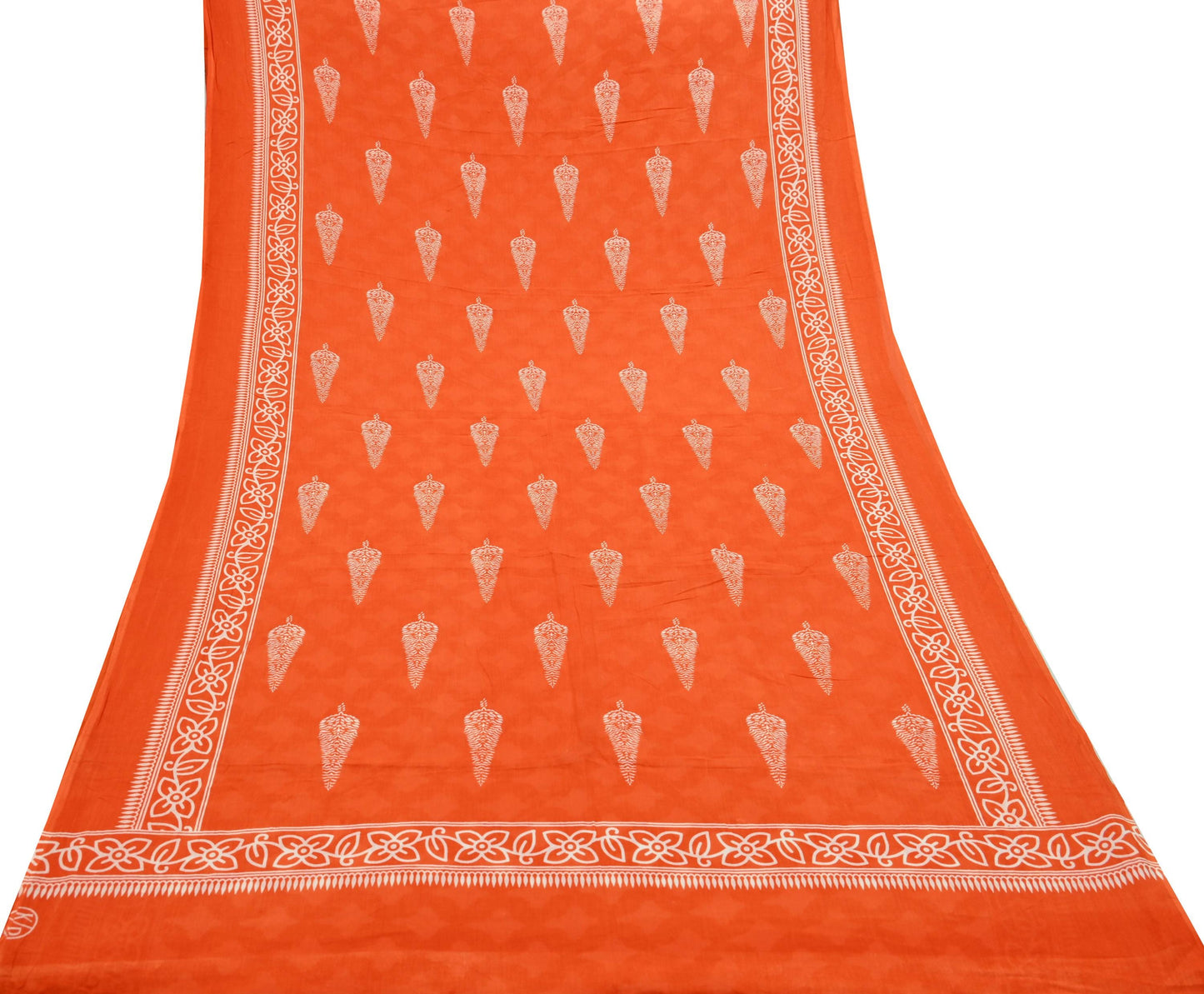 Indian Vintage Sari Orange & White Printed Pure Cotton Saree Craft Fabric 5Yd Soft Sewing Sarong Wrap Boho Dress making Crafting Quilting