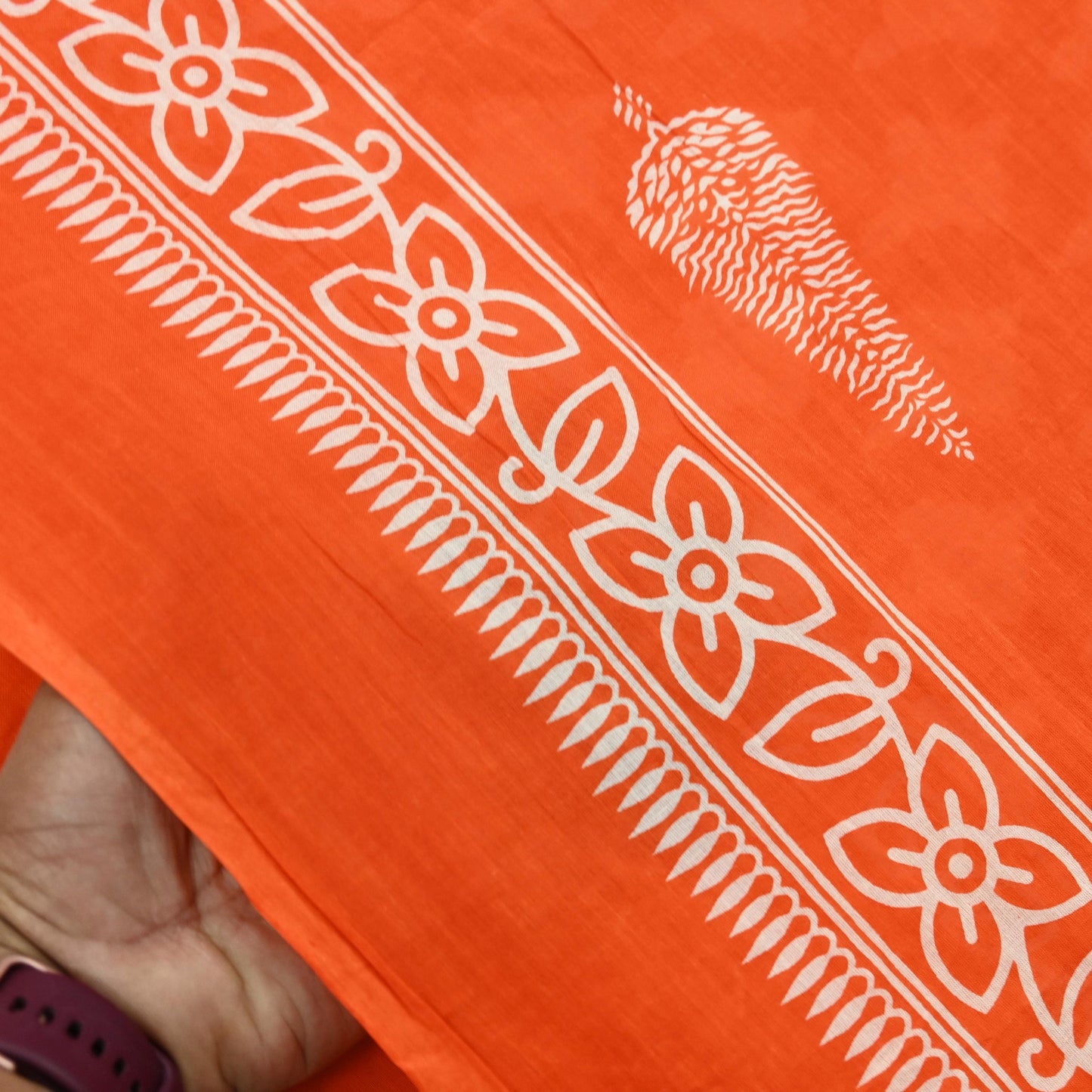 Indian Vintage Sari Orange & White Printed Pure Cotton Saree Craft Fabric 5Yd Soft Sewing Sarong Wrap Boho Dress making Crafting Quilting