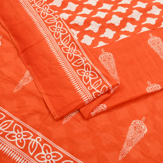Indian Vintage Sari Orange & White Printed Pure Cotton Saree Craft Fabric 5Yd Soft Sewing Sarong Wrap Boho Dress making Crafting Quilting