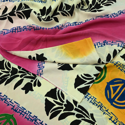 Indian Vintage Sari Ivory & Pink Pure Crepe Silk Printed Saree 5yard Sewing Floral Soft Craft Fabric Wrap Dress making Crafting Quilting