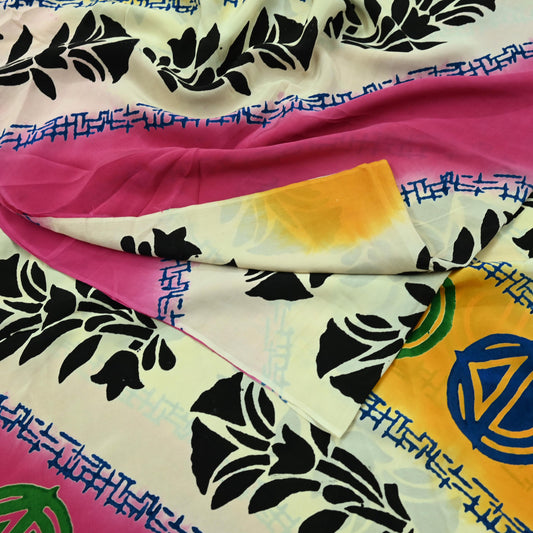 Indian Vintage Sari Ivory & Pink Pure Crepe Silk Printed Saree 5yard Sewing Floral Soft Craft Fabric Wrap Dress making Crafting Quilting