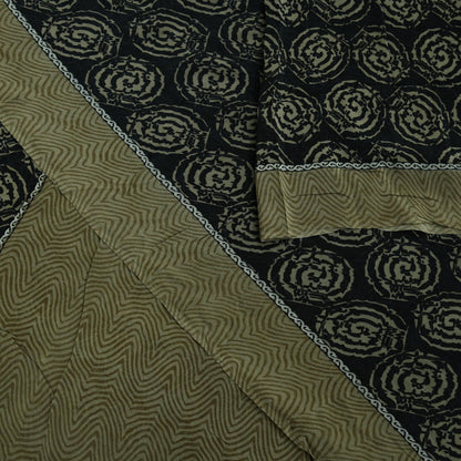 Indian Vintage Sari Green & Black Pure Crepe Silk Printed Sarees 5yd Sewing Floral Soft Craft Fabric Wrap Dress making Crafting Quilting