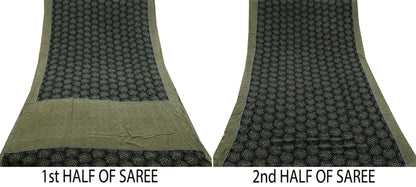 Indian Vintage Sari Green & Black Pure Crepe Silk Printed Sarees 5yd Sewing Floral Soft Craft Fabric Wrap Dress making Crafting Quilting