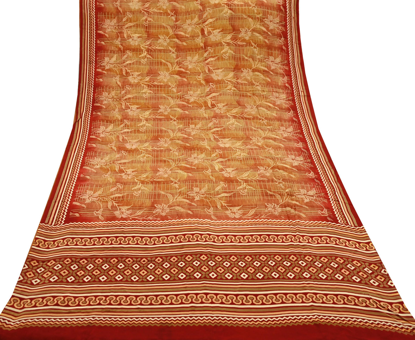 Indian Vintage Sari Pure Crepe Silk Block Printed Saree 5yd Sewing Quilting Floral Soft Craft Fabric Wrap Dress making Crafting Quilting