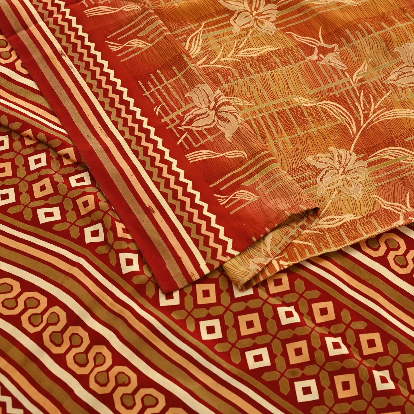 Indian Vintage Sari Pure Crepe Silk Block Printed Saree 5yd Sewing Quilting Floral Soft Craft Fabric Wrap Dress making Crafting Quilting