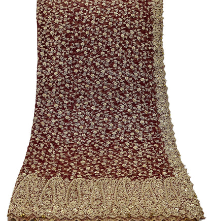 Indian Vintage Heavy Wedding Maroon Dupatta Net Mesh Long Stole Hand Embroidered Scarves Golden Zardozi Zari Sequins Dridal Veil Hijab