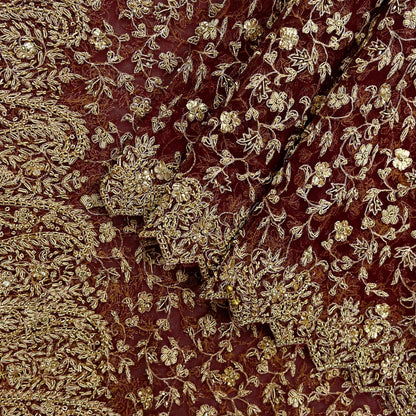 Indian Vintage Heavy Wedding Maroon Dupatta Net Mesh Long Stole Hand Embroidered Scarves Golden Zardozi Zari Sequins Dridal Veil Hijab