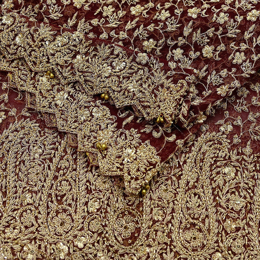 Indian Vintage Heavy Wedding Maroon Dupatta Net Mesh Long Stole Hand Embroidered Scarves Golden Zardozi Zari Sequins Dridal Veil Hijab