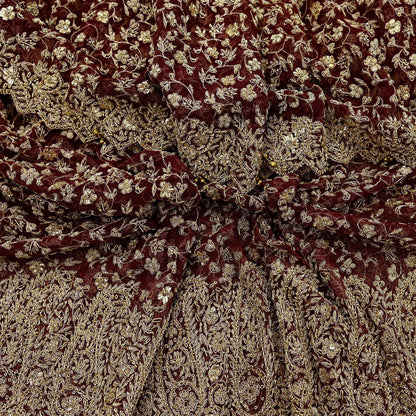 Indian Vintage Heavy Wedding Maroon Dupatta Net Mesh Long Stole Hand Embroidered Scarves Golden Zardozi Zari Sequins Dridal Veil Hijab