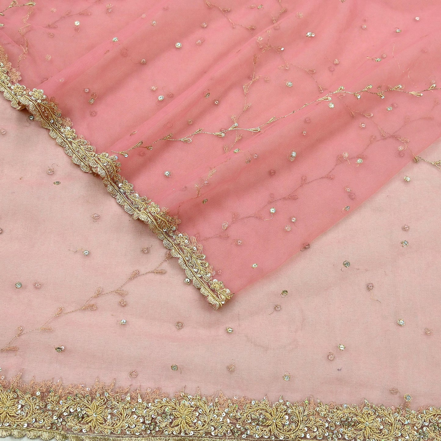 Indian Vintage Heavy Pink Dupatta Net Mesh Long Stole Hand Embroidered Scarves Golden Zardozi Zari Sequins Hijab Veil wrap Boho