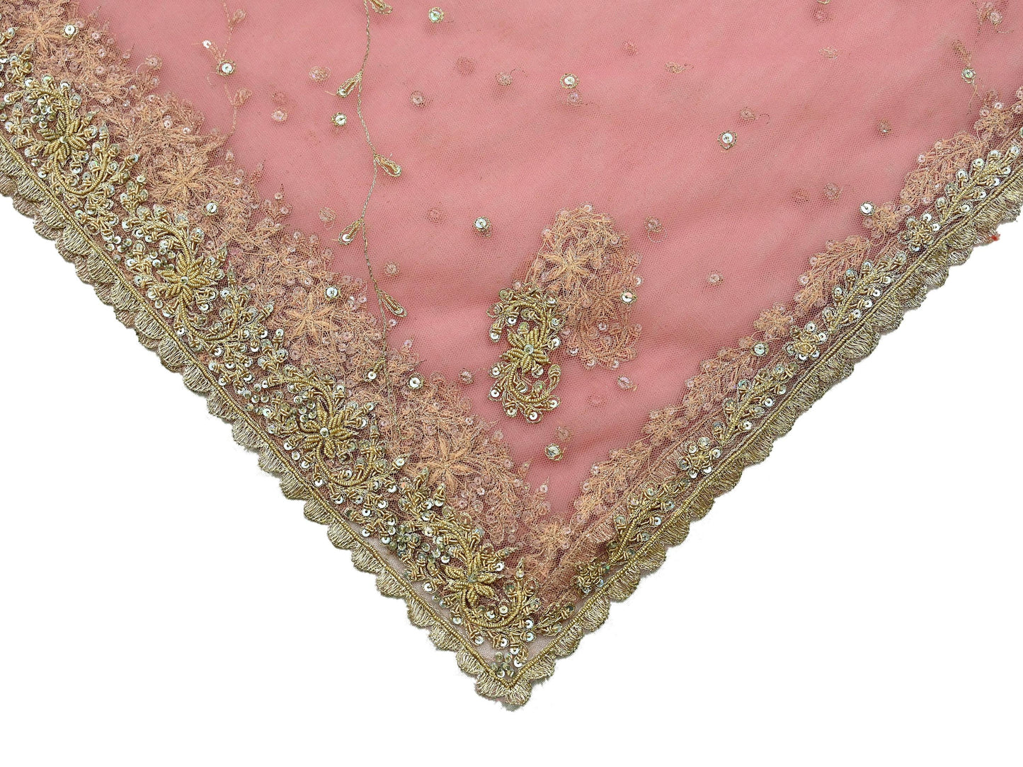 Indian Vintage Heavy Pink Dupatta Net Mesh Long Stole Hand Embroidered Scarves Golden Zardozi Zari Sequins Hijab Veil wrap Boho