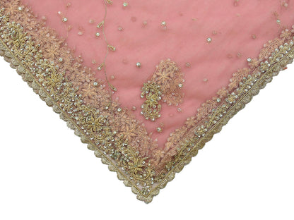 Indian Vintage Heavy Pink Dupatta Net Mesh Long Stole Hand Embroidered Scarves Golden Zardozi Zari Sequins Hijab Veil wrap Boho