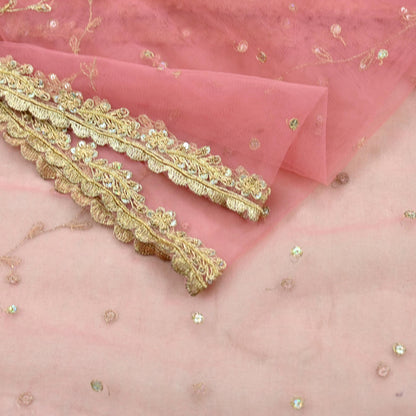 Indian Vintage Heavy Pink Dupatta Net Mesh Long Stole Hand Embroidered Scarves Golden Zardozi Zari Sequins Hijab Veil wrap Boho