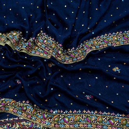 Indian Vintage Blue Dupatta Pure silk Long Stole Hand Embroidered Scarves Floral Design Stole Veil Wrap Zari