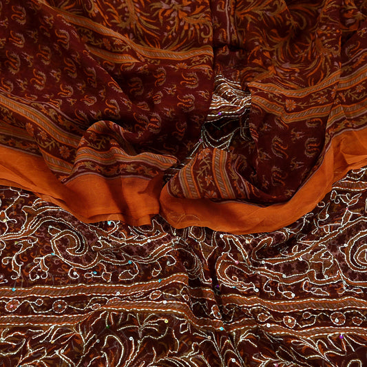 Indian Vintage Dupatta Maroon & Orange Long Stole Hand Embroidered kantha stole Georgette Scarves Veil Wrap Soft Floral Sequins