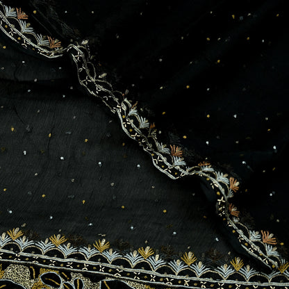 Indian Vintage Black Dupatta Pure Chiffon silk Long Stole Hand Embroidered Scarves Floral Design Stole Veil Wrap Zari Zardozi