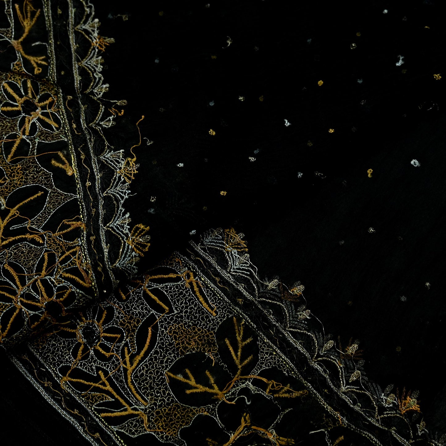 Indian Vintage Black Dupatta Pure Chiffon silk Long Stole Hand Embroidered Scarves Floral Design Stole Veil Wrap Zari Zardozi