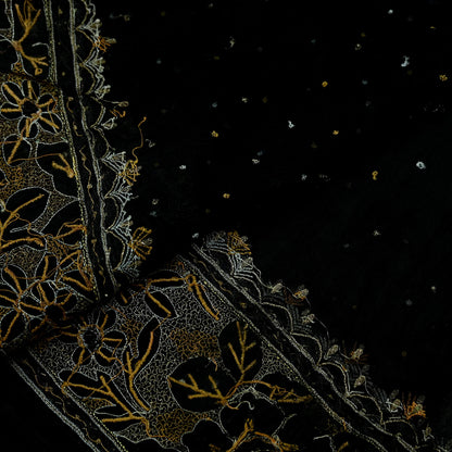 Indian Vintage Black Dupatta Pure Chiffon silk Long Stole Hand Embroidered Scarves Floral Design Stole Veil Wrap Zari Zardozi