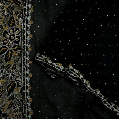 Indian Vintage Black Dupatta Pure Chiffon silk Long Stole Hand Embroidered Scarves Floral Design Stole Veil Wrap Zari Zardozi