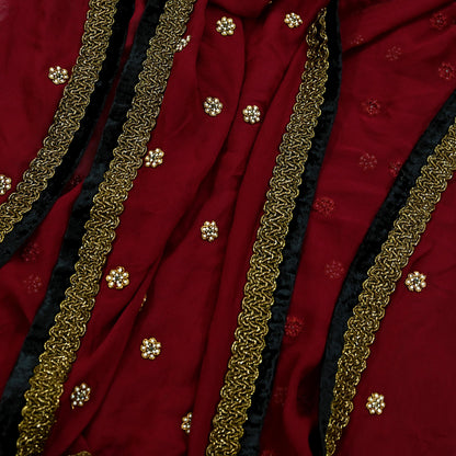 Indian Vintage Maroon Dupatta Pure Georgette silk Long Stole Hand Embroidered Scarves Stole Veil Wrap Sequins Zardozi